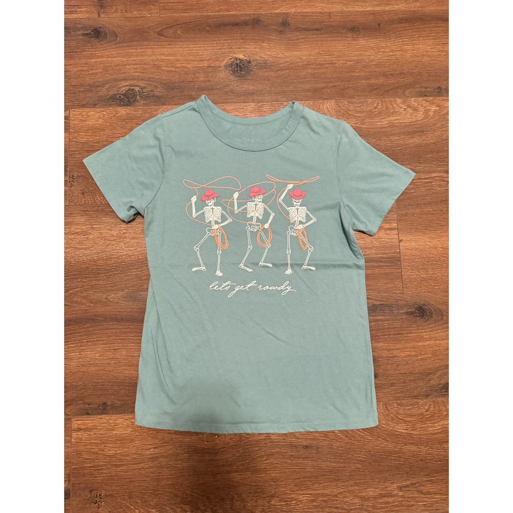 Zoe + Liv Women XS Sage Green Lets Get Rowdy Skeleton Cowboy Graphic Tee Shirt